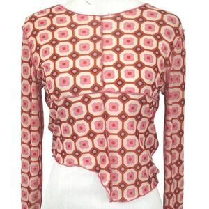 Papaya Y2K Mesh Crop Top Sheer Pink Geo Print Long Sleeve Festival Womens L
